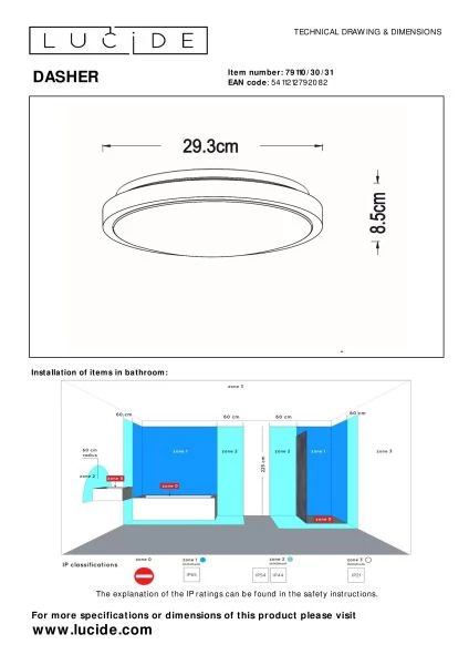 Lucide DASHER - Plafonnier Salle de bains - Ø 29,3 cm - LED - 1x12W 2700K - IP44- Détecteur De Mouvement & Jour/Nuit - Blanc - technique